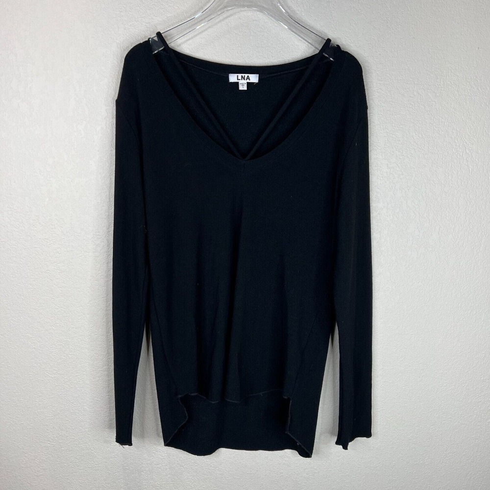 LNA Womens T-Shirt Sweater Size Small Black Long Sleeve V Strappy Stretch Hi Low